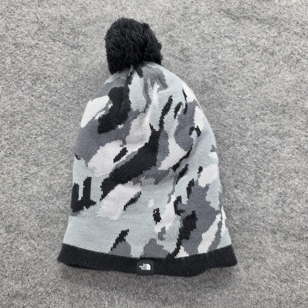 The North Face Hat Beanie Youth One Size Gray Black Camo Pom Pom Knit Winter